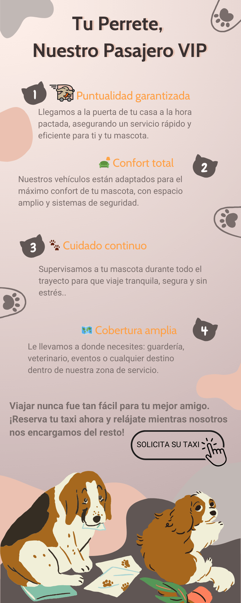 Infografía titulada "Tu Perrete, Nuestro Pasajero VIP" que describe las ventajas del servicio PerryTaxi. Incluye cuatro puntos principales: puntualidad garantizada, confort total, cuidado continuo y cobertura amplia. La ilustración muestra dos perros al final junto con un botón que invita a solicitar el servicio.