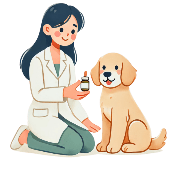 Ilustración de una veterinaria con bata blanca arrodillada junto a un perro dorado. Ella sostiene un frasco con gotero, representando el uso de terapias naturales para el bienestar animal. El perro luce feliz y relajado.