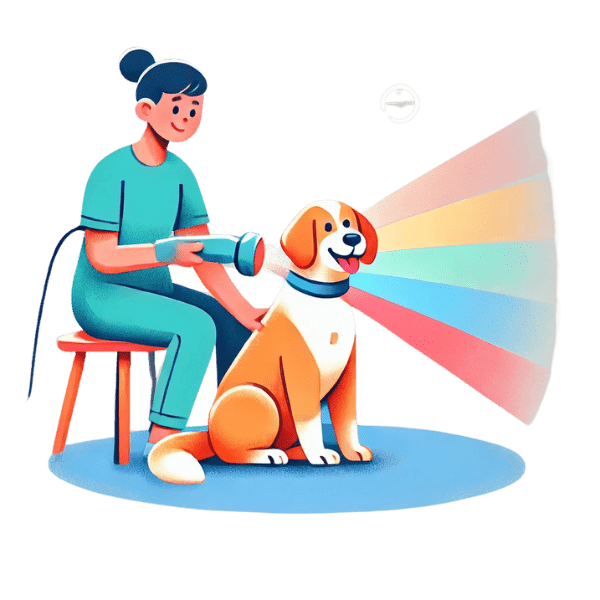 Ilustración digital de una terapeuta canina aplicando terapia de luz y color a un perro amarillo y blanco. La profesional, vestida con uniforme azul, sostiene un dispositivo emisor de luz que proyecta un haz de colores arcoíris sobre el perro, simbolizando la terapia de frecuencia de luz. El perro luce tranquilo y receptivo al tratamiento, sentado sobre un fondo azul claro.