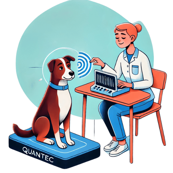 Ilustración digital de una terapeuta utilizando un dispositivo QUANTEC para realizar una terapia de biorresonancia en un perro. El perro, de color marrón y blanco, está sentado sobre una plataforma tecnológica mientras la terapeuta, vestida con bata blanca y pantalón azul, opera un ordenador con gráficos de ondas. Un aura de energía rodea la cabeza del perro, simbolizando la conexión cuántica del tratamiento.