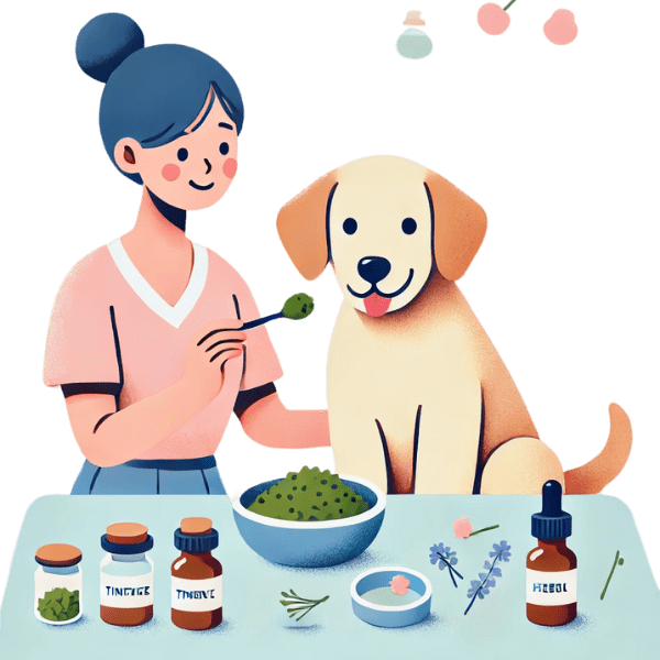Ilustración digital de una mujer joven alimentando a su perro con una mezcla de hierbas y suplementos naturales. En la mesa hay frascos etiquetados como 'Tintura' y 'Hierba', junto con lavanda, hojas y una pequeña taza con extractos naturales. El perro, de color beige con orejas anaranjadas, muestra una expresión contenta y relajada.