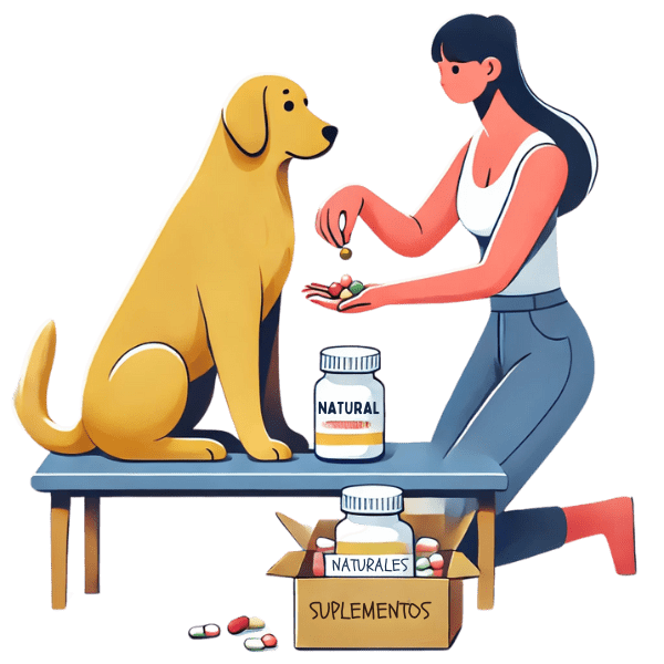 Ilustración de una mujer administrando suplementos naturales a su perro. La escena muestra al perro sentado en un banco mientras la mujer le ofrece una cápsula de un frasco etiquetado como 'natural'. En el suelo, hay una caja con más suplementos y pastillas. La imagen representa el uso de complementos naturales para mejorar la salud y bienestar del perro.