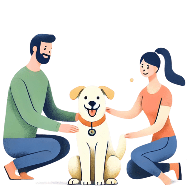 Ilustración de un hombre y una mujer sonrientes acariciando a un perro feliz. La escena transmite bienestar y conexión entre los humanos y su mascota, destacando el cuidado y amor por los animales.